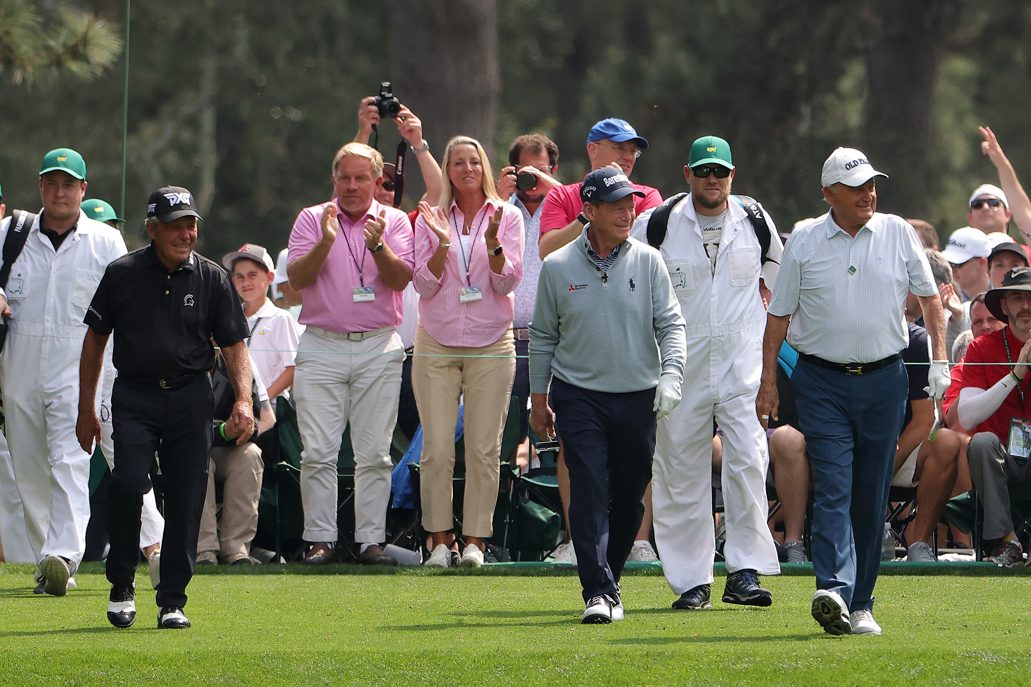 Gary Player, Tom Watson en Ray Floyd tijdens the par-3 contest